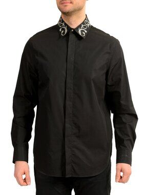 Versace Men's Black & Silver Collar Embellishments Long Sleeve Shirt US S IT 48